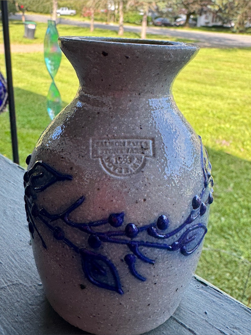 Salmon Falls Stoneware Vase with Blueberry Vine Accent ~ 1993